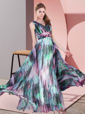 Glittering Multi-color V-neck Lace Up Pattern Prom Evening Gown Sleeveless