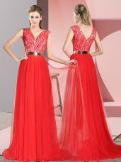 Beautiful Red Womens Evening Dresses Prom and Party with Beading and Lace V-neck Sleeveless Sweep Train Zipper