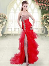 Amazing Red Mermaid Beading and Ruffled Layers Prom Party Dress Lace Up Organza Sleeveless