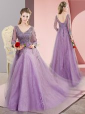 On Sale Beading and Appliques Prom Evening Gown Lavender Lace Up Long Sleeves Sweep Train