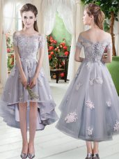 A-line Prom Dress Silver Off The Shoulder Tulle Cap Sleeves High Low Lace Up