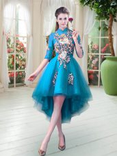 Teal A-line High-neck Half Sleeves Tulle High Low Zipper Appliques Prom Gown