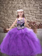 Customized Purple Lace Up Pageant Gowns For Girls Embroidery and Ruffles Sleeveless Floor Length