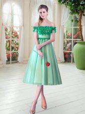 Decent Sleeveless Lace Up Tea Length Appliques Dress for Prom