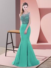 Elegant Satin Scoop Sleeveless Sweep Train Backless Beading Evening Dresses in Turquoise