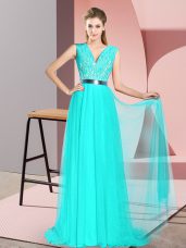 Custom Fit Sleeveless Tulle Sweep Train Zipper Formal Evening Gowns in Turquoise with Beading and Lace