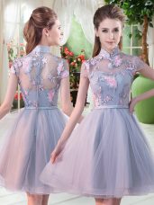 Noble Appliques Dress for Prom Grey Zipper Short Sleeves Knee Length
