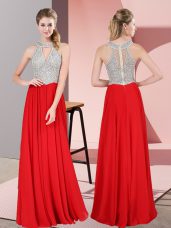 Pretty Red Zipper Scoop Beading and Lace Prom Dresses Satin Sleeveless