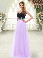 Fine Lilac Empire Sweetheart Sleeveless Tulle Floor Length Zipper Appliques Prom Party Dress