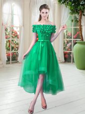 Amazing Short Sleeves Tulle High Low Lace Up Prom Gown in Green with Appliques