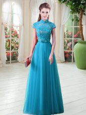 Fantastic High-neck Cap Sleeves Tulle Prom Evening Gown Appliques Lace Up