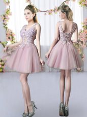 Best Selling Sleeveless Mini Length Appliques Lace Up Wedding Party Dress with Pink