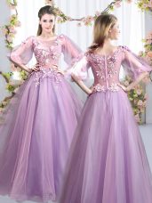 Scoop Half Sleeves Zipper Bridesmaid Dresses Lavender Tulle