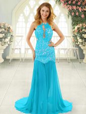 Cute Aqua Blue Mermaid Scoop Sleeveless Chiffon Brush Train Backless Lace Prom Dresses