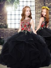 Unique Black Ball Gowns Scoop Sleeveless Tulle Floor Length Zipper Embroidery and Ruffles Little Girl Pageant Gowns