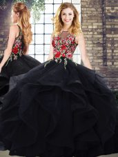 Hot Sale Ball Gowns Quinceanera Gowns Black Scoop Sleeveless Floor Length Zipper