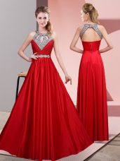 Red Halter Top Neckline Beading Prom Evening Gown Sleeveless Lace Up