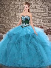 Dramatic Sweetheart Sleeveless Vestidos de Quinceanera Floor Length Beading and Embroidery Blue Tulle