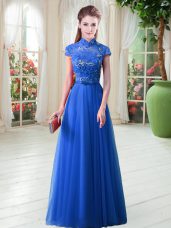 A-line Prom Gown Royal Blue High-neck Tulle Cap Sleeves Floor Length Lace Up