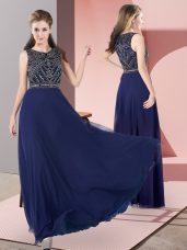 Navy Blue Sleeveless Chiffon Zipper Prom Gown for Prom and Party and Military Ball