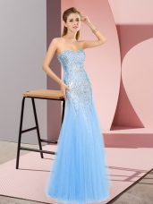 Sleeveless Tulle Floor Length Zipper Prom Dresses in Blue with Beading
