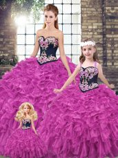 Fuchsia Lace Up Ball Gown Prom Dress Embroidery and Ruffles Sleeveless