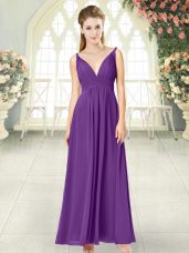 Purple Chiffon Zipper Dress for Prom Sleeveless Ankle Length Ruching
