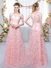 Floor Length Empire Cap Sleeves Pink Damas Dress Lace Up