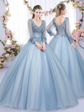 Stylish Blue Lace Up Vestidos de Quinceanera Lace and Appliques Long Sleeves Floor Length
