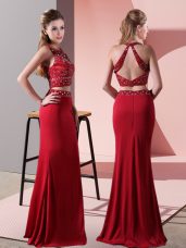 Best Selling Red Two Pieces Halter Top Sleeveless Elastic Woven Satin Floor Length Backless Beading Prom Dress