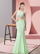 Exquisite Two Pieces Juniors Evening Dress Apple Green Halter Top Lace Sleeveless Floor Length Backless