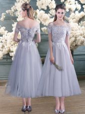 Pretty Grey Short Sleeves Ankle Length Lace and Appliques Lace Up Prom Dresses