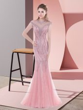Attractive Pink Cap Sleeves Tulle Sweep Train Zipper Evening Outfits for Prom and Party and Military Ball