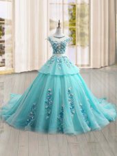Tulle Scoop Cap Sleeves Brush Train Lace Up Appliques Ball Gown Prom Dress in Aqua Blue