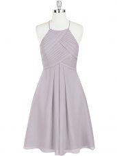 Admirable Grey Prom Evening Gown Prom and Party with Ruching Halter Top Sleeveless Zipper