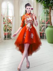 Custom Made Tulle High-neck Half Sleeves Zipper Appliques Dress for Prom in Orange Red