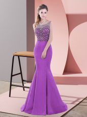 Satin Sleeveless Prom Evening Gown Sweep Train and Beading and Lace