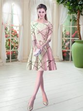 Customized Yellow A-line Scoop Half Sleeves Knee Length Lace Up Ruching Dress for Prom