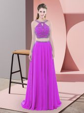 Stylish Two Pieces Sleeveless Purple Evening Dresses Sweep Train Backless