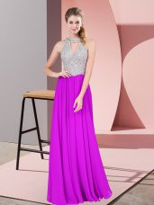 Luxury Purple Chiffon Zipper Halter Top Sleeveless Floor Length Prom Dresses Beading