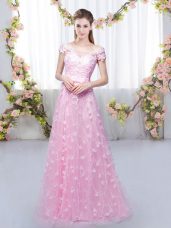 Empire Bridesmaid Dresses Rose Pink Off The Shoulder Tulle Cap Sleeves Floor Length Lace Up