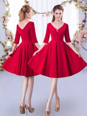 Red Half Sleeves Ruching Knee Length Bridesmaids Dress