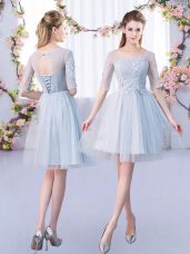 Scoop Half Sleeves Bridesmaids Dress Mini Length Lace Grey Tulle