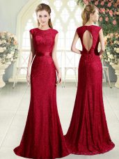 Red Scoop Backless Lace Prom Dress Sweep Train Sleeveless
