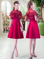 Knee Length Red Evening Dress High-neck Short Sleeves Zipper