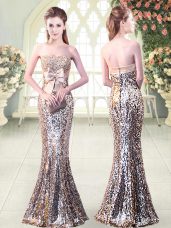 Flirting Silver Mermaid Sequined Strapless Sleeveless Beading and Sequins and Bowknot Floor Length Zipper Prom Party Dress