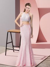 Floor Length Backless Homecoming Dress Pink for Prom and Party and Wedding Party with Beading
