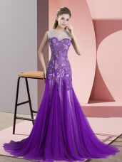 Chic Sleeveless Appliques Backless Prom Gown with Purple Sweep Train