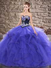 On Sale Purple Tulle Lace Up Sweetheart Sleeveless Floor Length Ball Gown Prom Dress Beading and Embroidery