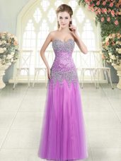 Lilac Column/Sheath Beading Prom Dresses Zipper Tulle Sleeveless Floor Length